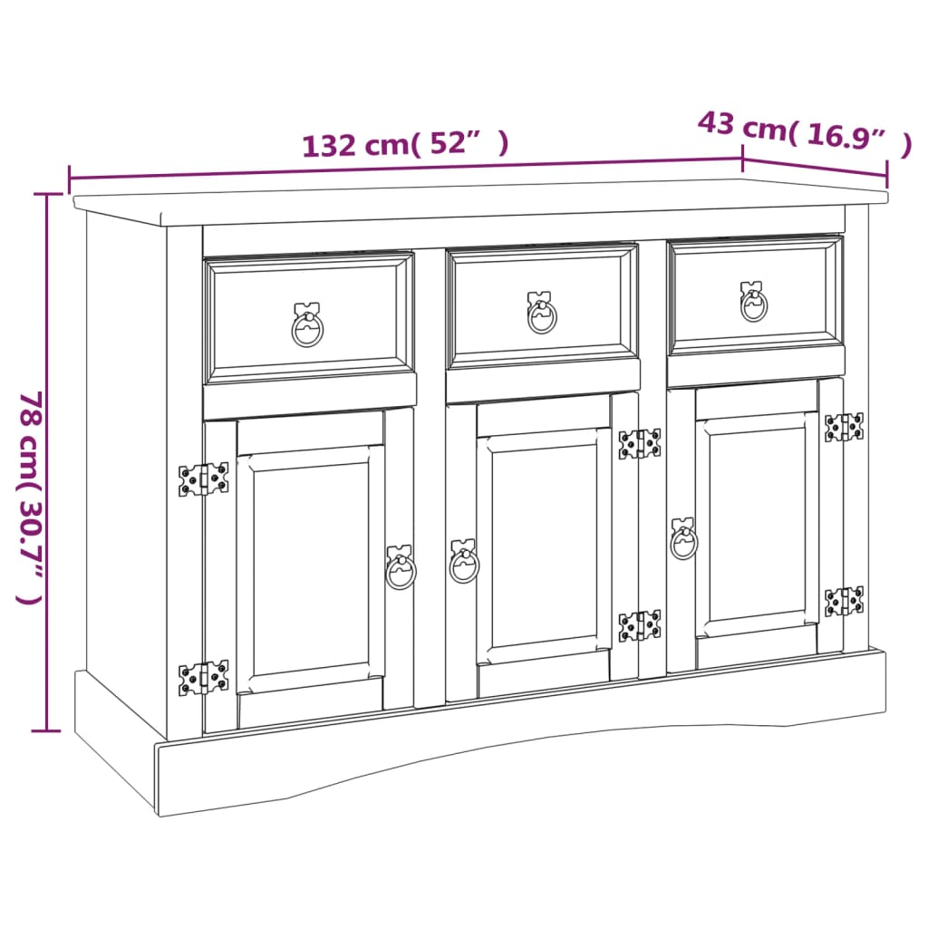 Sideboard Solid Mexican Pinewood Corona Range 32X43X78 Cm