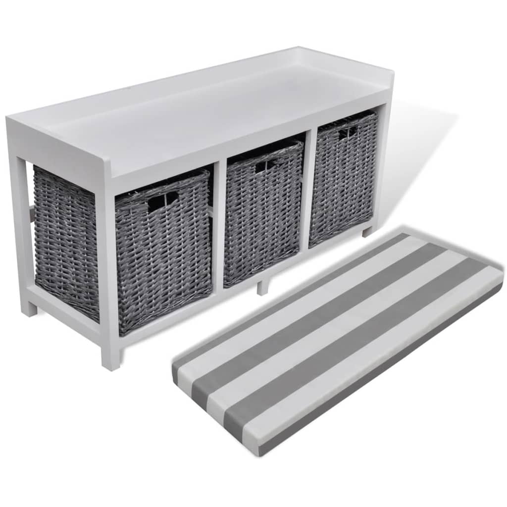 White Storage & Entryway Bench With Cushion Top 3 Basket