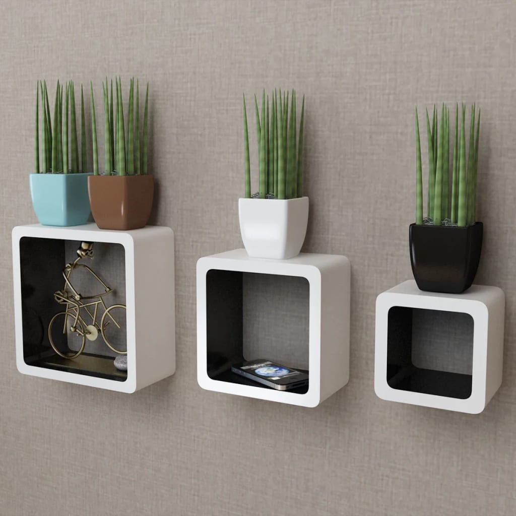 3 White-black MDF Floating Wall Display Shelf Cubes Book/DVD Storage