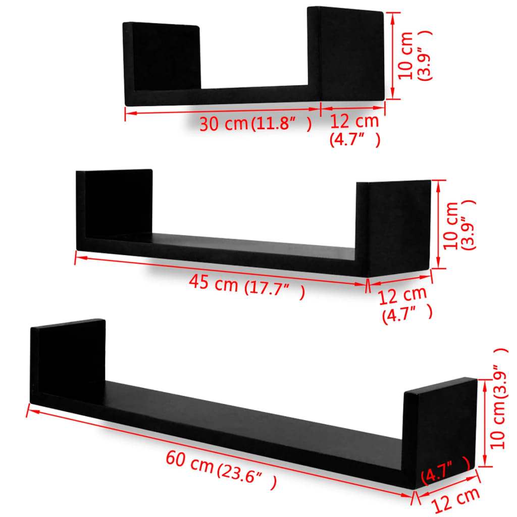 3 Black MDF U-shaped Floating Wall Display Shelves Book/DVD Storage