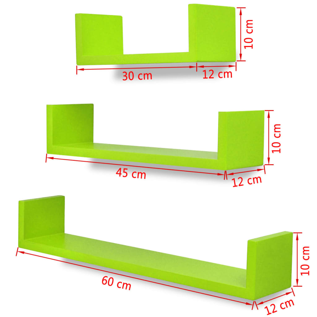 3 Green MDF U-shaped Floating Wall Display Shelves Book/DVD Storage