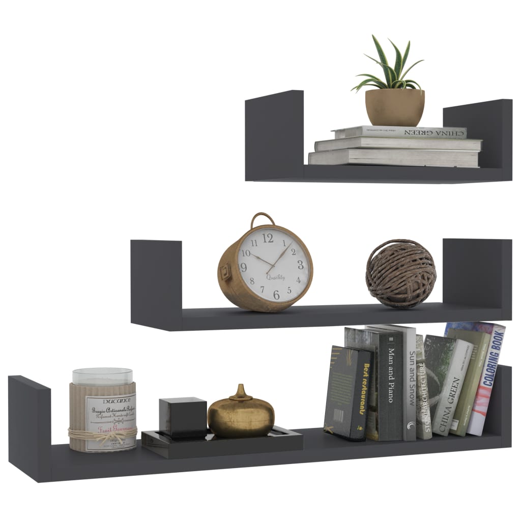 Wall Display Shelf 3 pcs Grey Engineered Wood