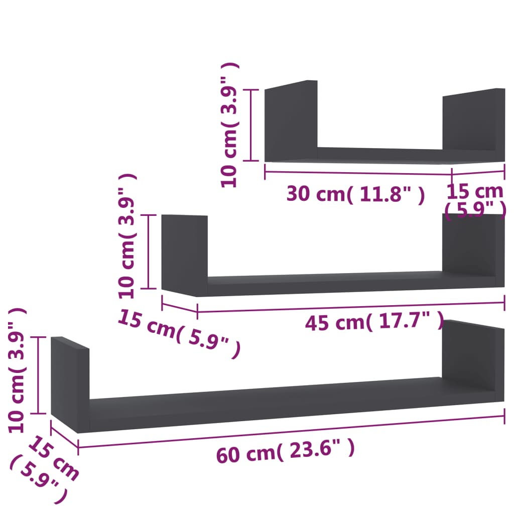 Wall Display Shelf 3 pcs Grey Engineered Wood