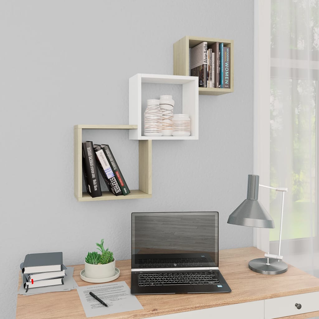 Cube Wall Shelves White and Sonoma Oak 68x15x68 cm Engineered Wood