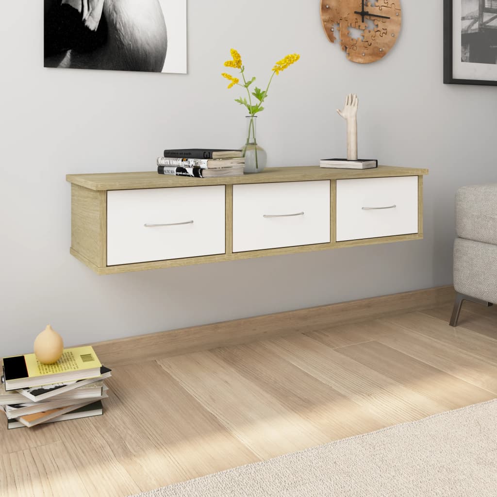 Wall-mounted Drawer Shelf White and Sonoma Oak 88x26x18.5 cm Engineered Wood