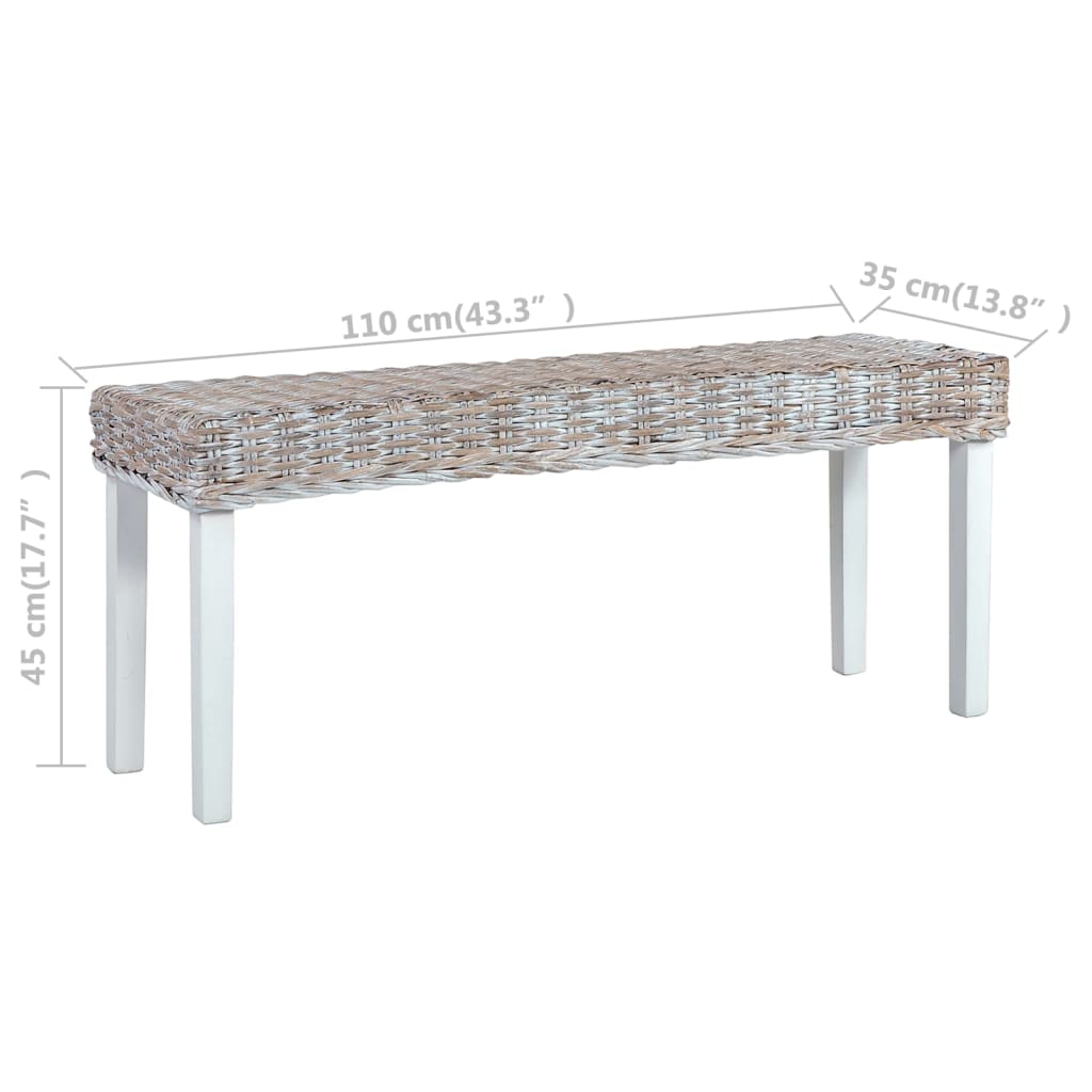 Bench 110 cm White Natural Kubu Rattan and Solid Mango Wood