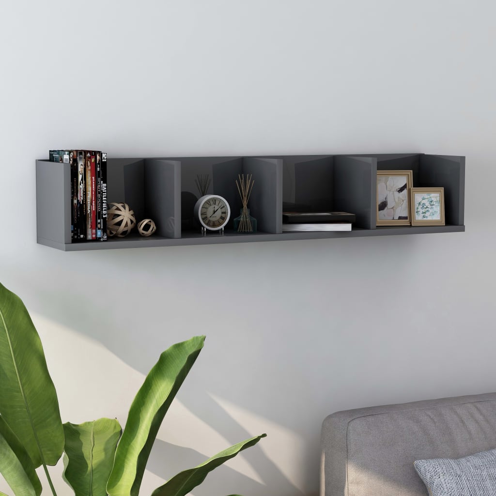 CD Wall Shelf High Gloss Grey 100x18x18 cm Engineered Wood