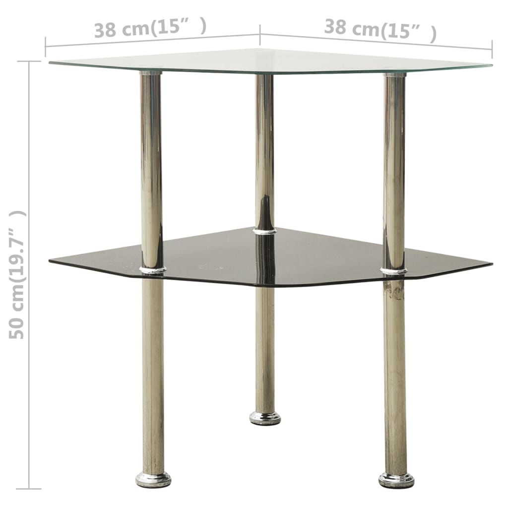 2-Tier Side Table Transparent & Black 38x38x50cm Tempered Glass