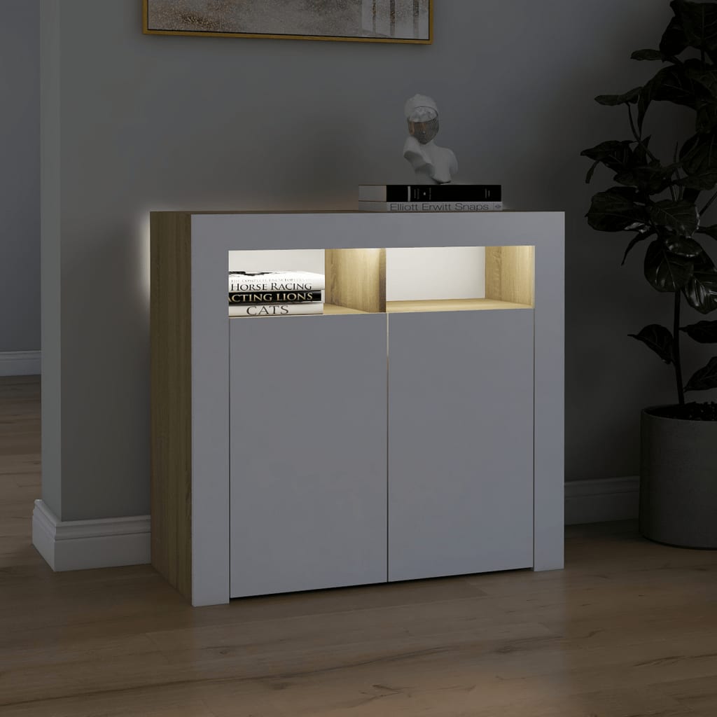 Sideboard with LED Lights White and Sonoma Oak 80x35x75 cm