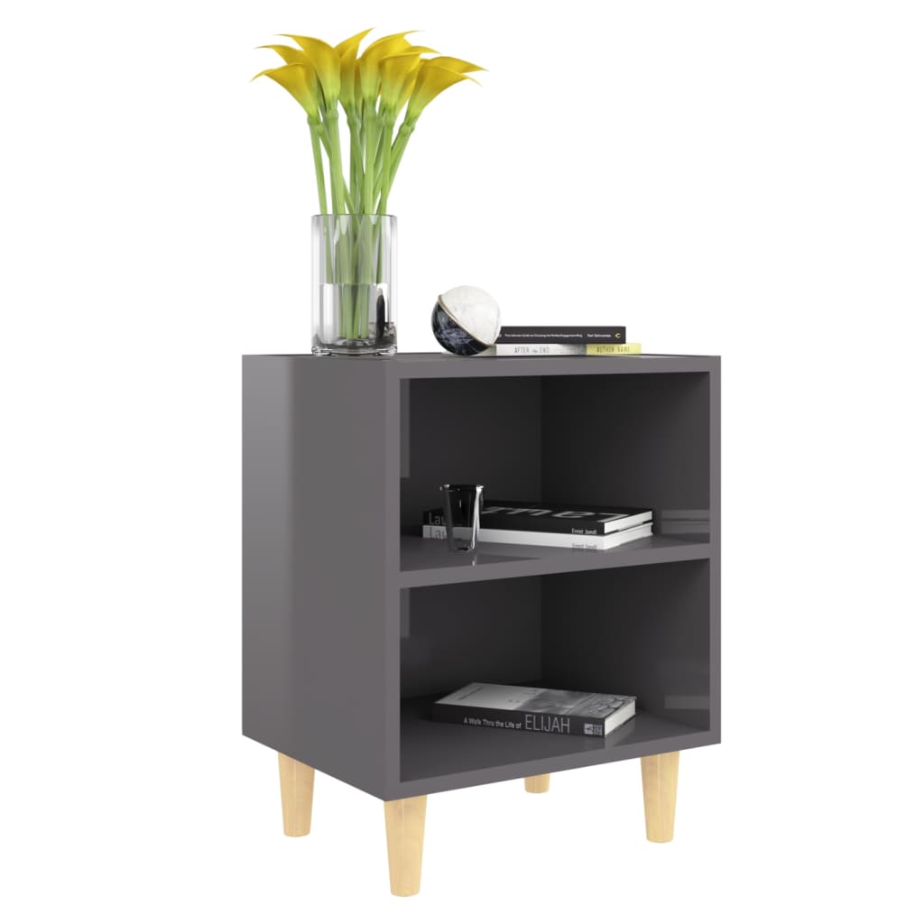 Bed Cabinet with Solid Wood Legs High Gloss Grey 40x30x50 cm