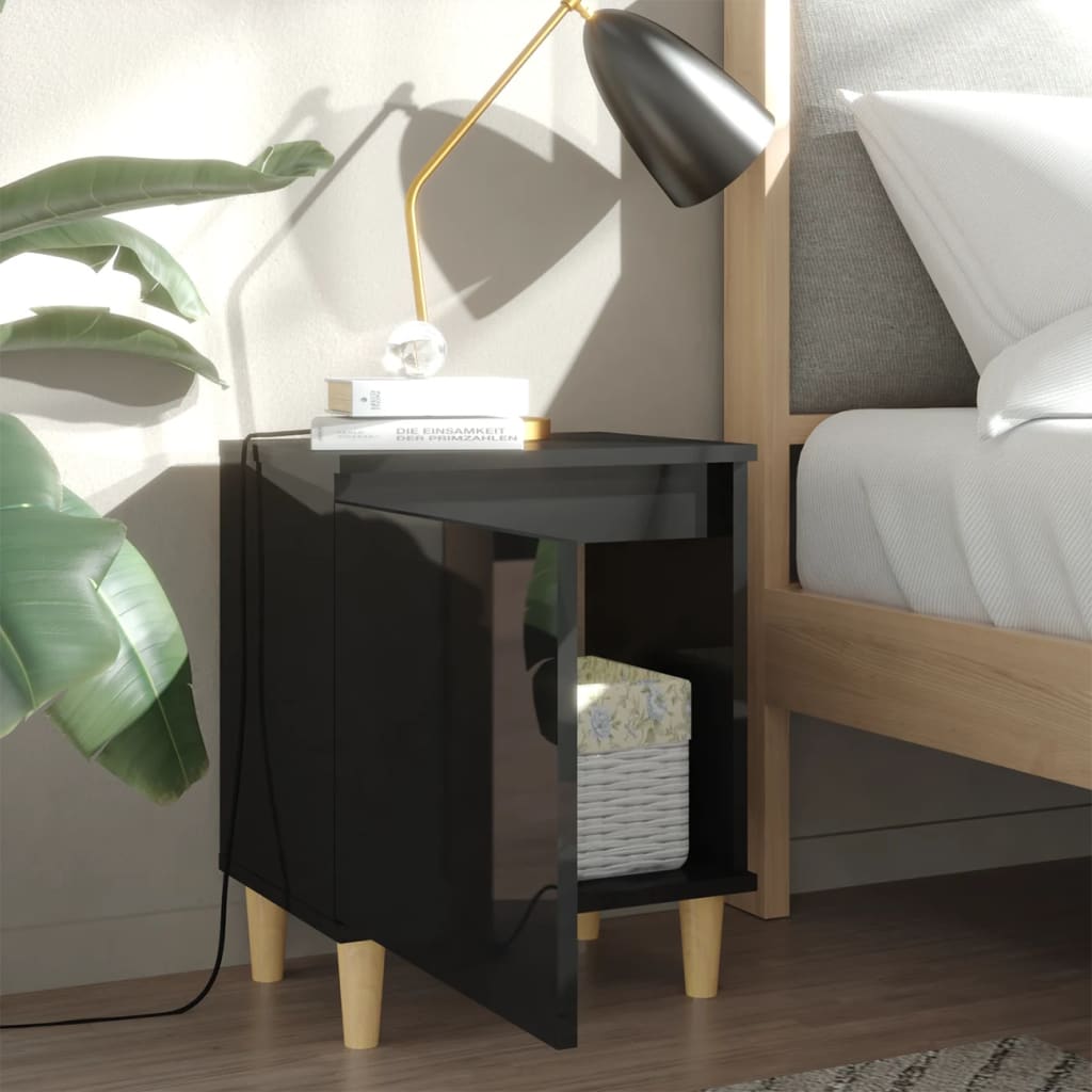 Bed Cabinet with Solid Wood Legs High Gloss Black 40x30x50cm