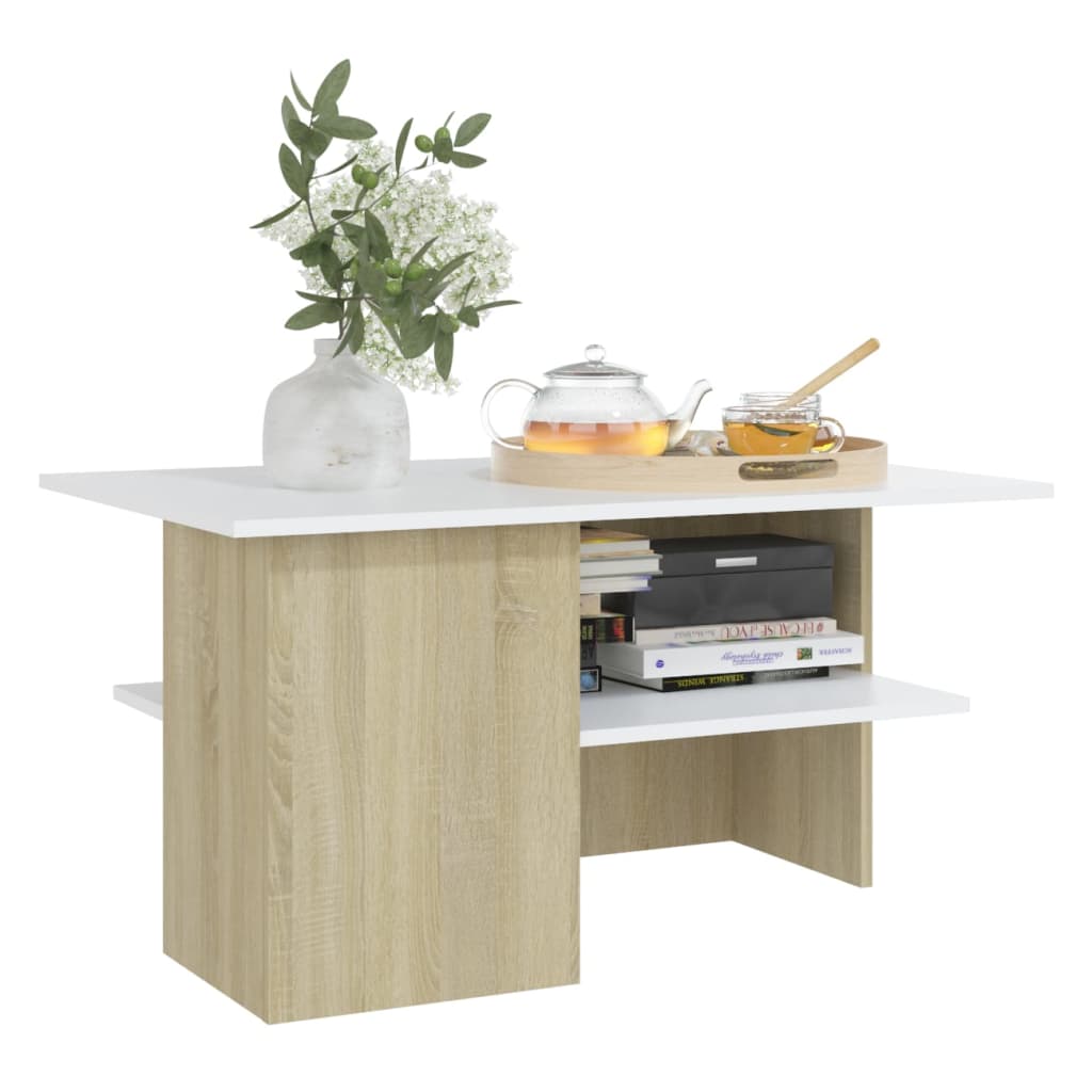 Coffee Table White and Sonoma Oak 90x60x46.5 cm Engineered Wood