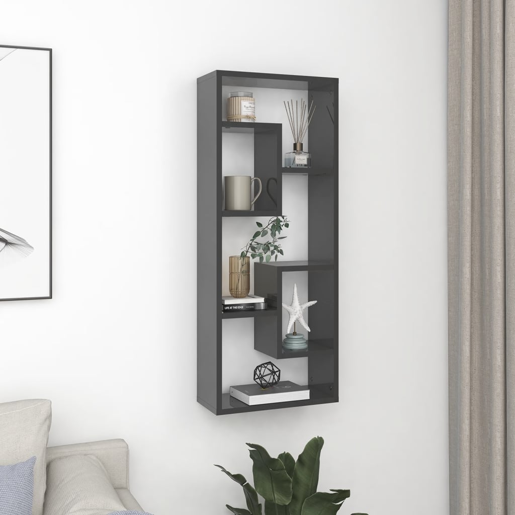 Wall Shelf High Gloss Grey 36x16x90 cm Engineered Wood