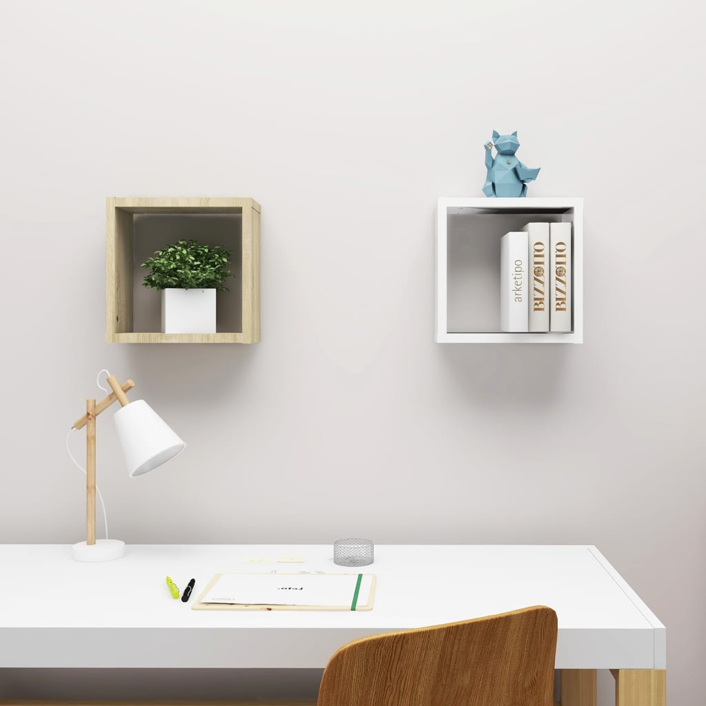 Wall Cube Shelves 2 pcs White and Sonoma Oak 30x15x30 cm