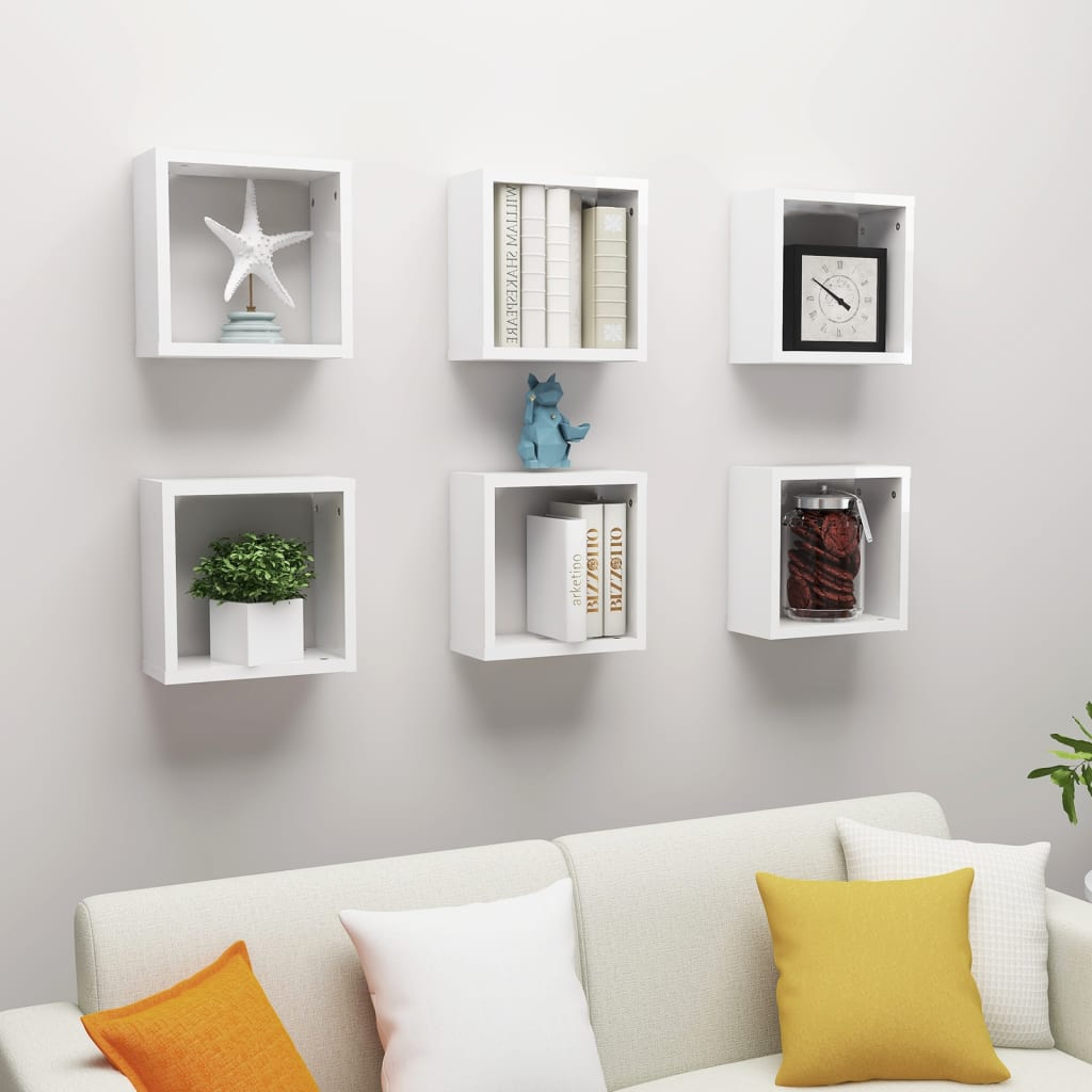 Wall Cube Shelves 6 pcs High Gloss White 30x15x30 cm