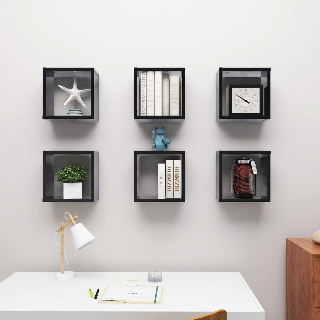 Wall Cube Shelves 6 pcs High Gloss Black 30x15x30 cm