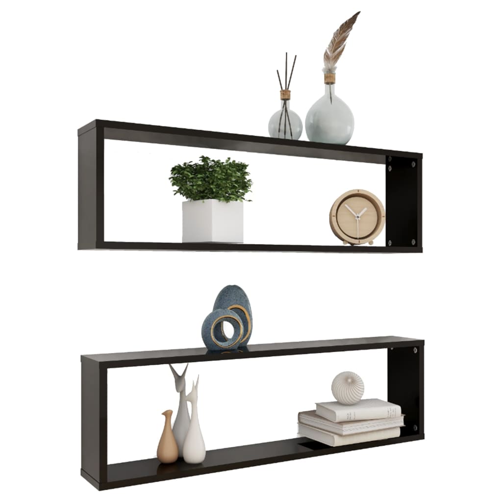 Wall Cube Shelves 2 pcs High Gloss Black 100x15x30 cm Engineered Wood