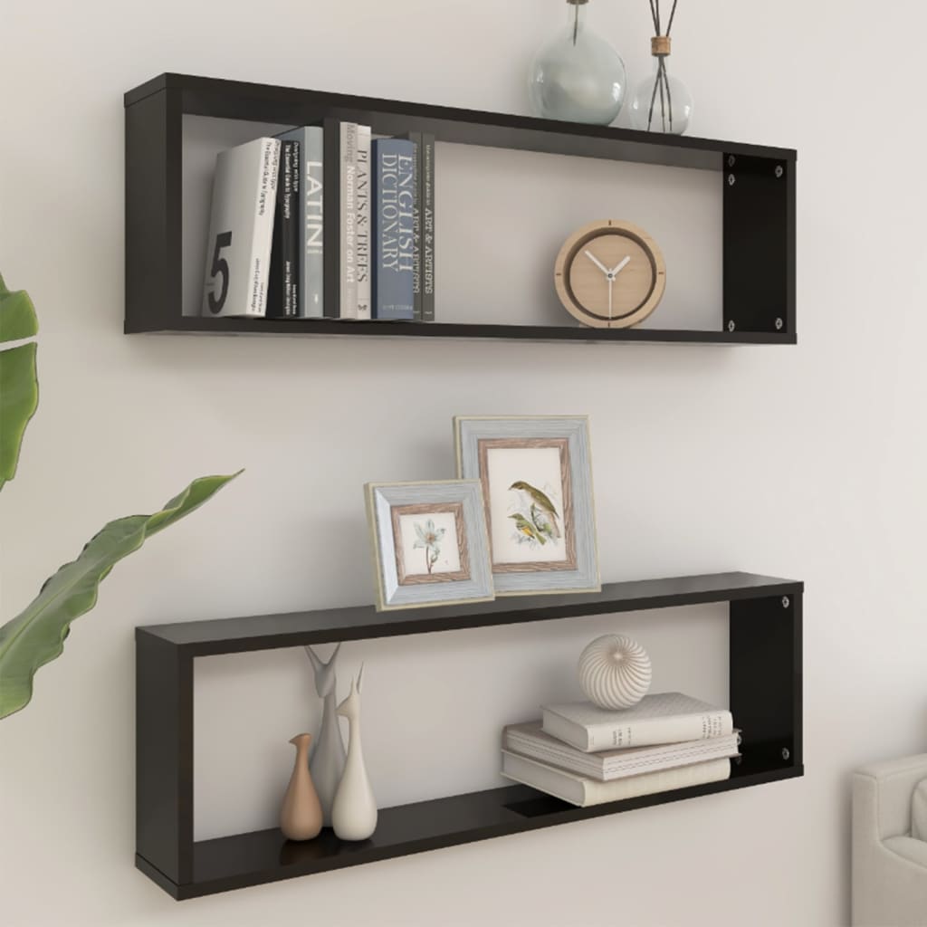 Wall Cube Shelves 2 pcs High Gloss Black 100x15x30 cm Engineered Wood