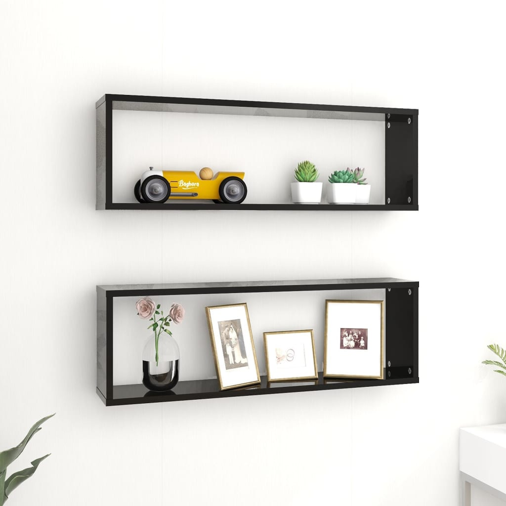 Wall Cube Shelves 2 pcs High Gloss Black 80x15x26.5cm Engineered Wood