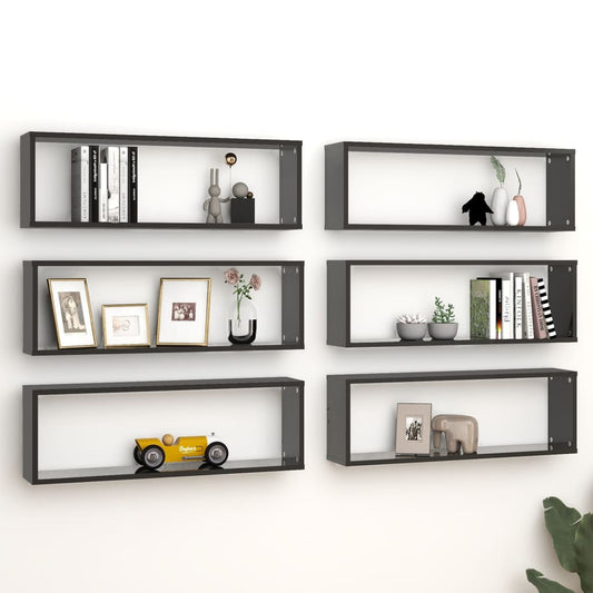 Wall Cube Shelves 6 pcs High Gloss Black 80x15x26.5cm Engineered Wood