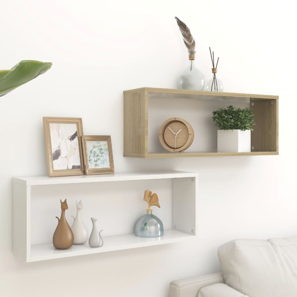 Wall Cube Shelves 2 pcs White and Sonoma Oak 60x15x23 cm Engineered Wood