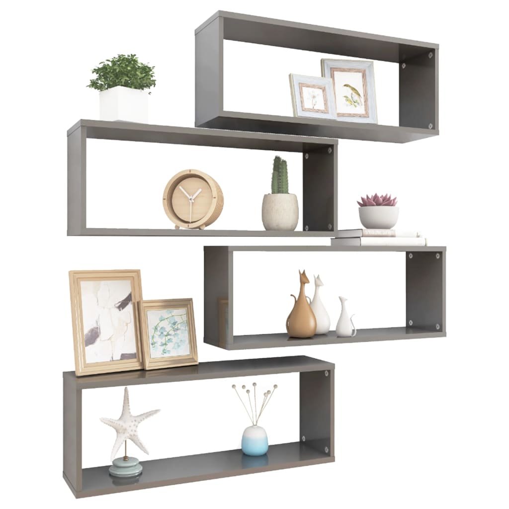 Wall Cube Shelves 4 pcs High Gloss Grey 60x15x23 cm Engineered Wood