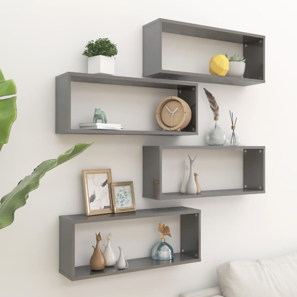 Wall Cube Shelves 4 pcs High Gloss Grey 60x15x23 cm Engineered Wood