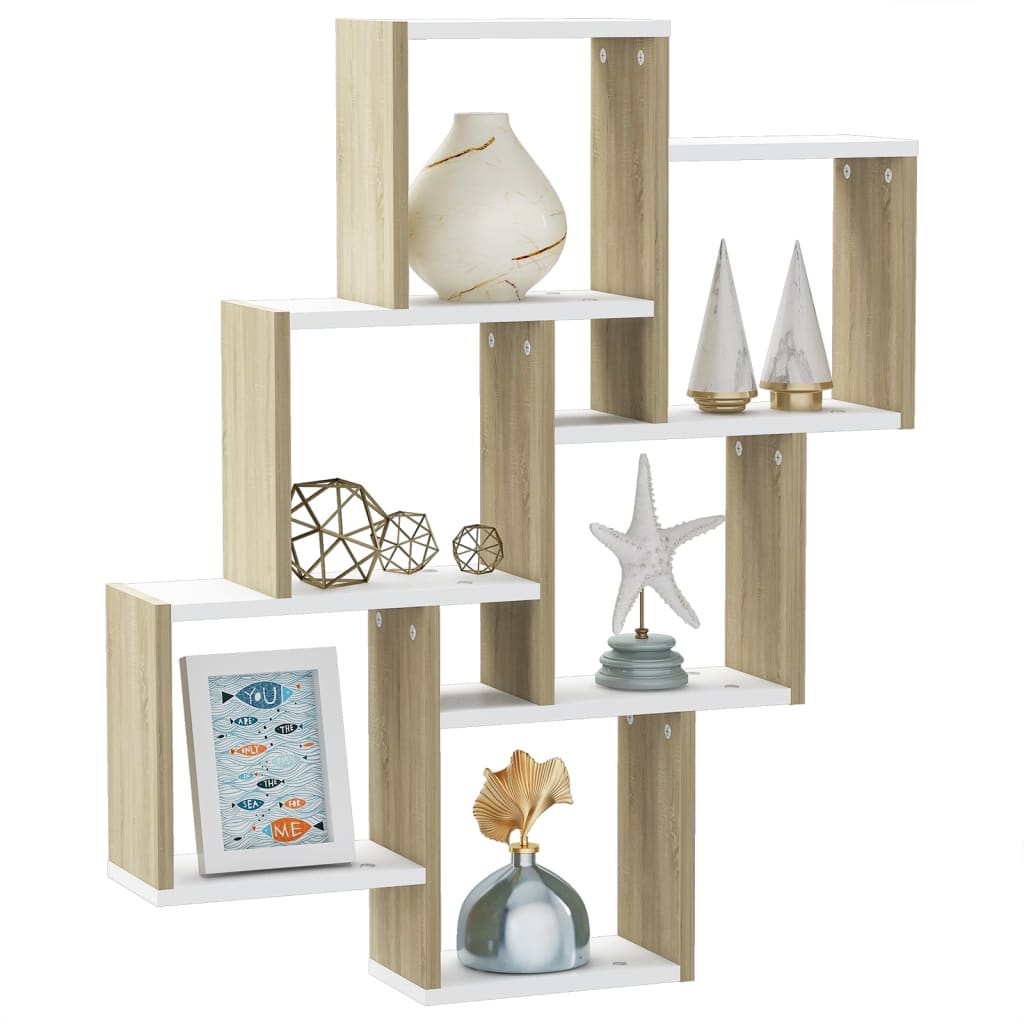 Wall Cube Shelf White and Sonoma Oak 78x15x93 cm Engineered Wood