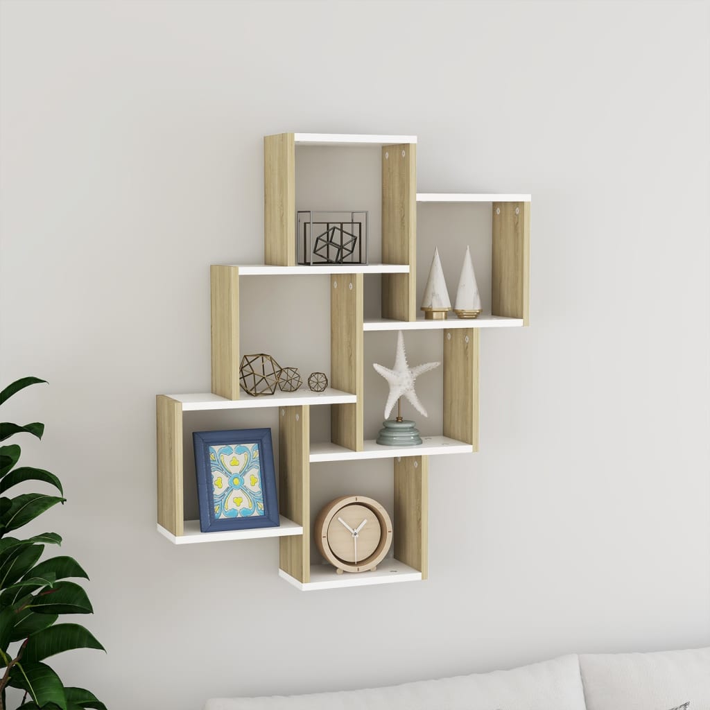 Wall Cube Shelf White and Sonoma Oak 78x15x93 cm Engineered Wood