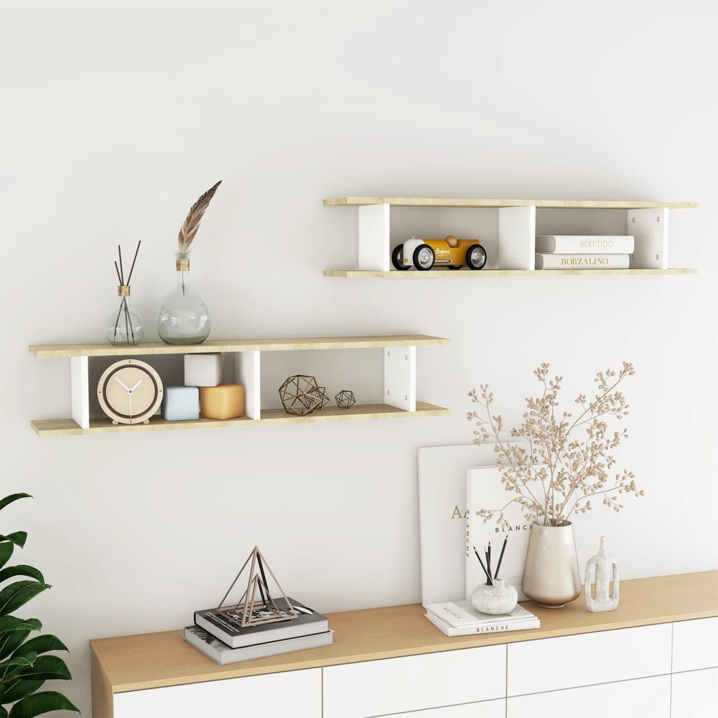 Wall Shelves 2 pcs White and Sonoma Oak 105x18x20 cm Engineered Wood