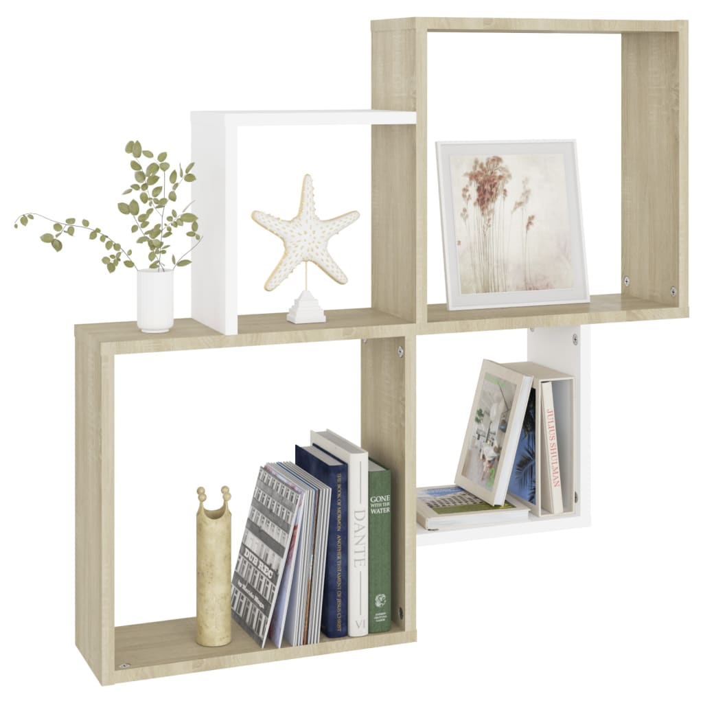 Wall Cube Shelf White and Sonoma Oak 80x15x78.5 cm Engineered Wood