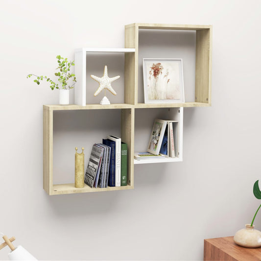 Wall Cube Shelf White and Sonoma Oak 80x15x78.5 cm Engineered Wood