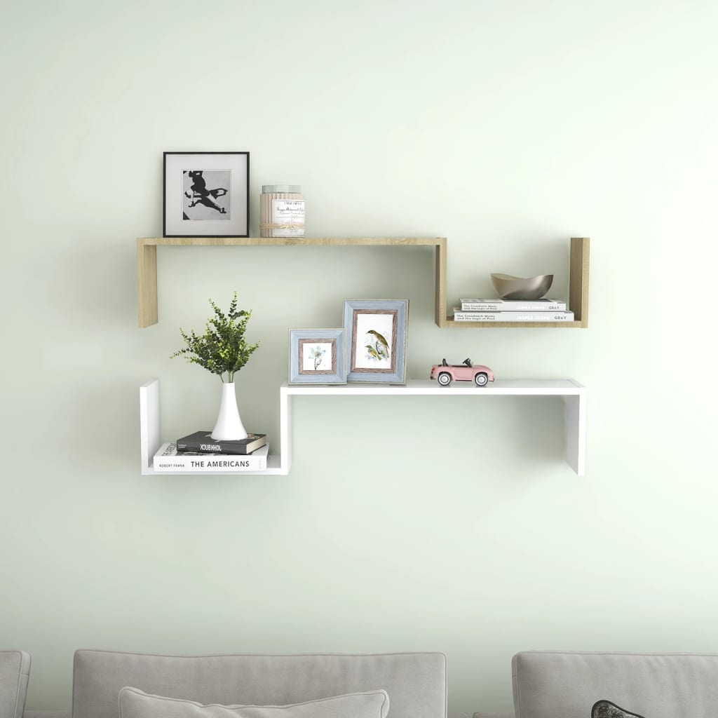 Wall Shelves 2 pcs White and Sonoma Oak 100x15x20 cm Engineered Wood