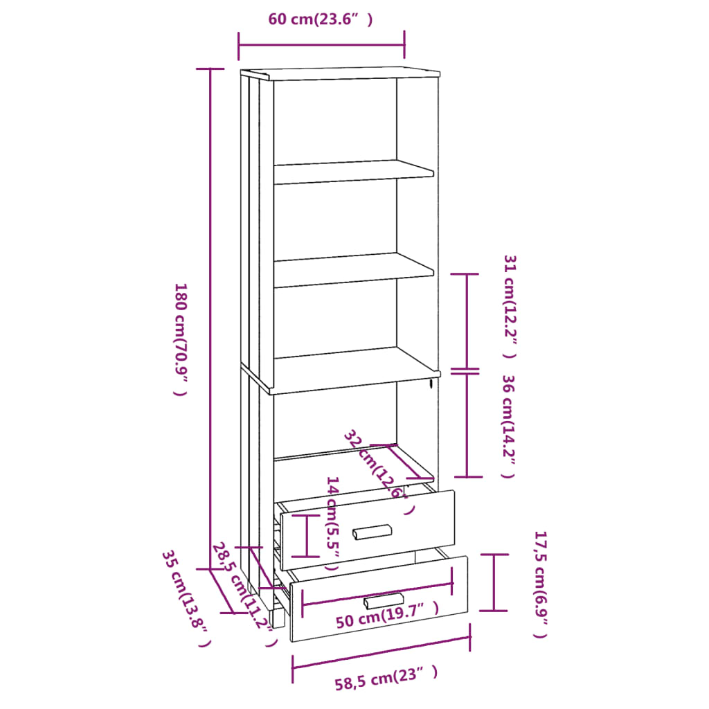 Highboard &quot;Hamar&quot; 60X35X80 Cm Solid Wood Pine