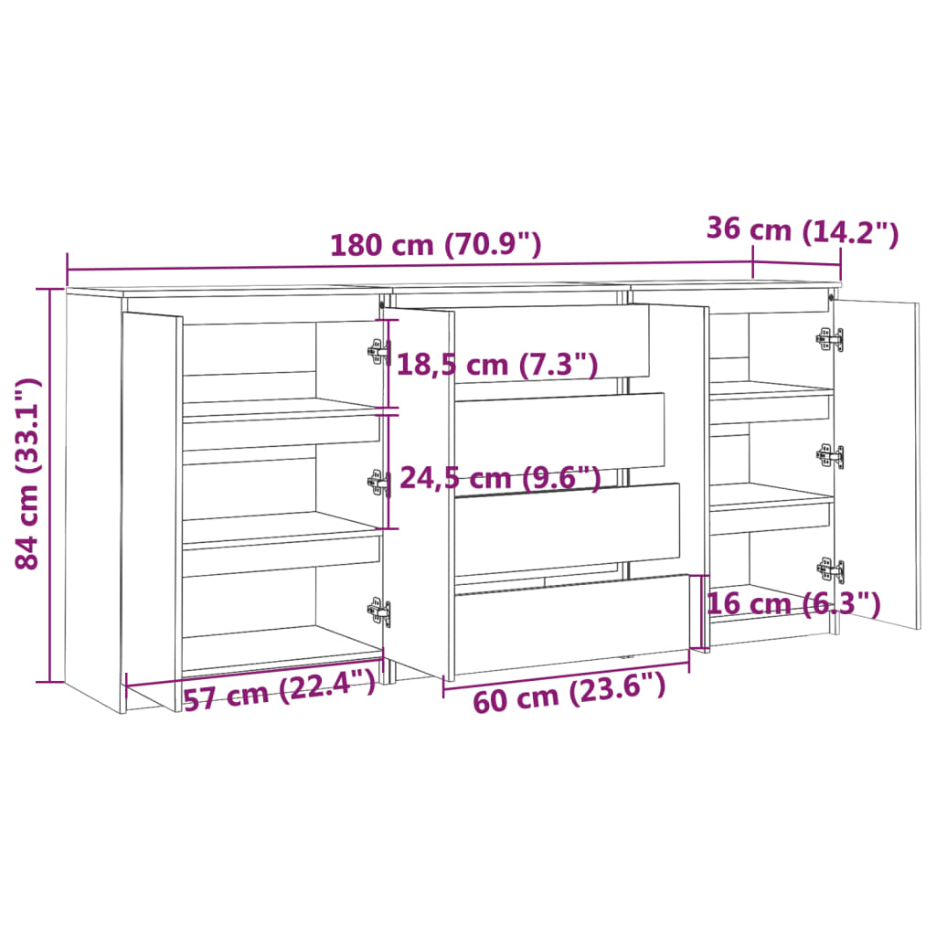 Side Cabinets 3 Pcs Solid Pinewood