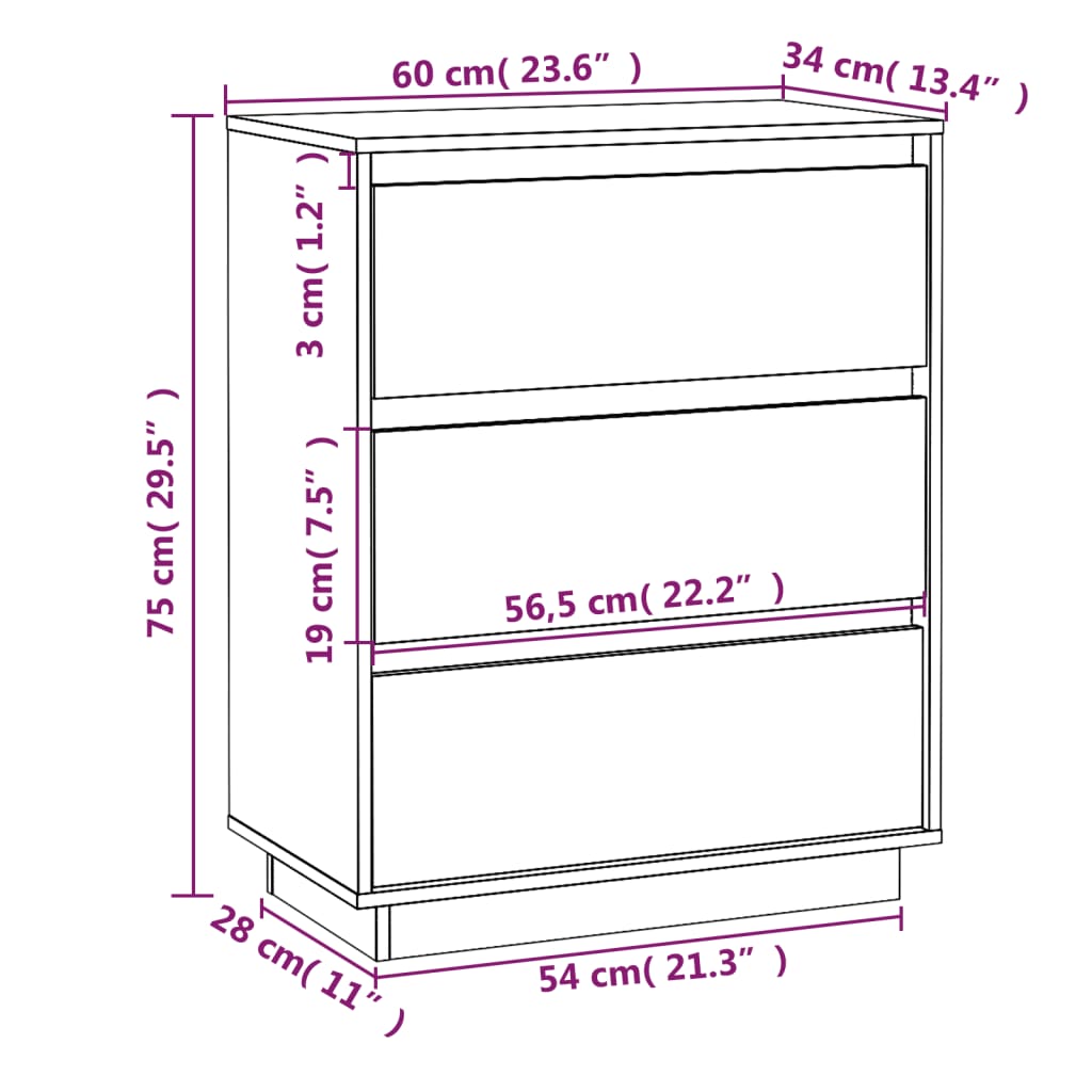 Sideboard White 60x34x75 cm Solid Wood Pine