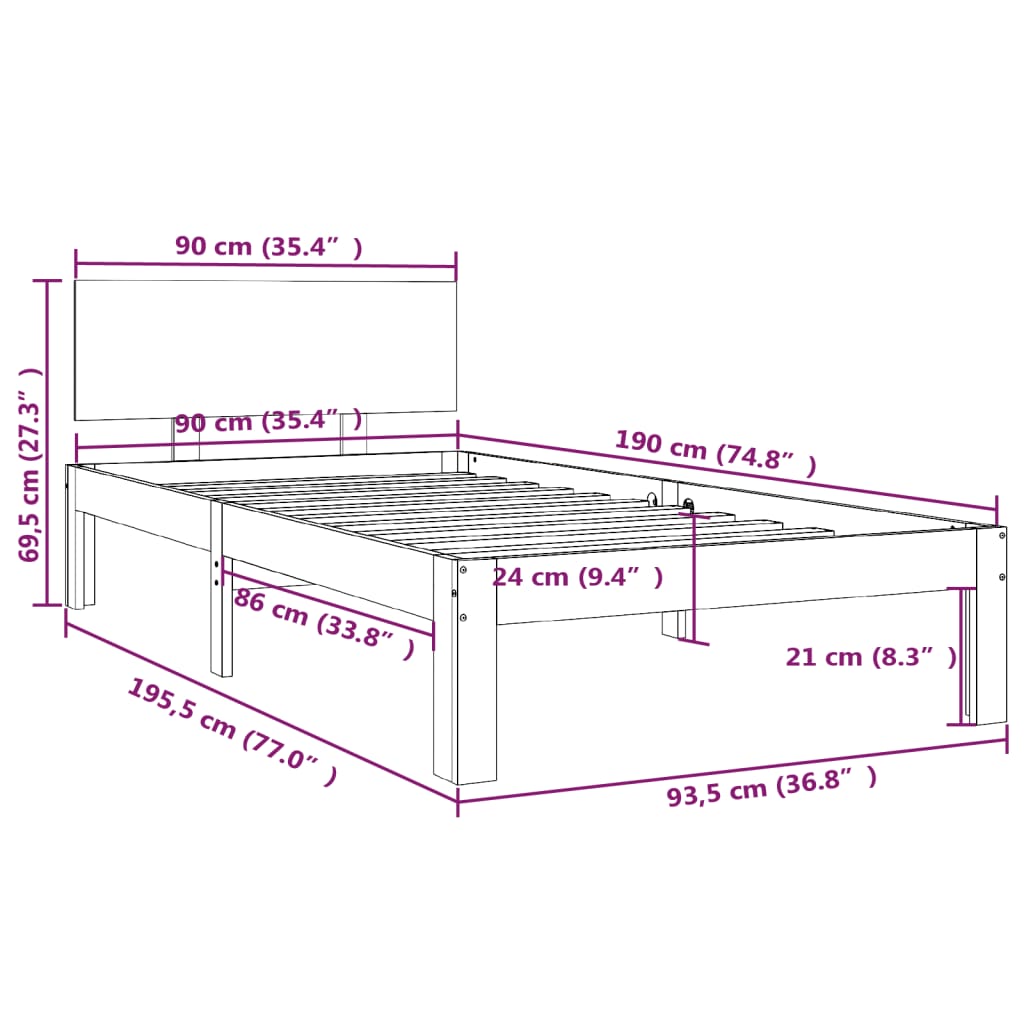 Bed Frame Honey Brown Solid Wood 92x187 cm Single Size