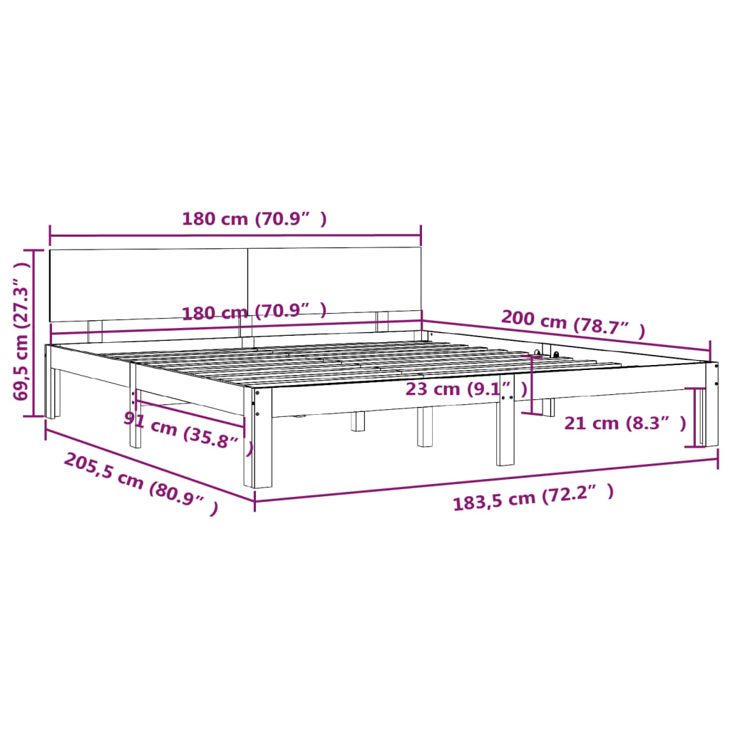 Bed Frame Solid Wood 183x203 cm King Size