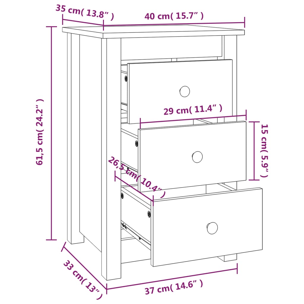 Bedside Cabinet White 40x35x61.5 cm Solid Wood Pine