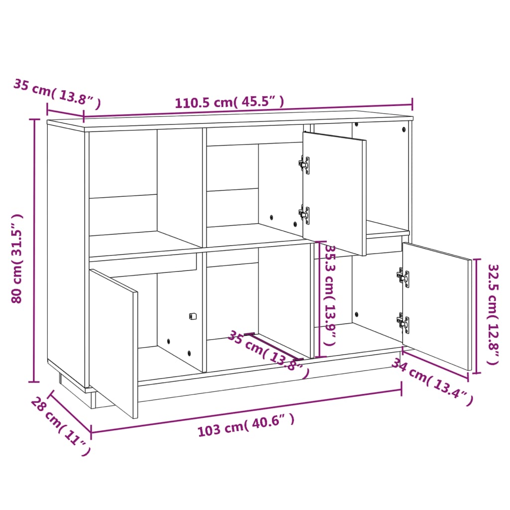 Sideboard Honey Brown 110.5X35X80 Cm Solid Wood Pine