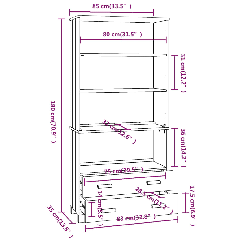 Highboard &quot;Hamar&quot; Solid Wood Pine White