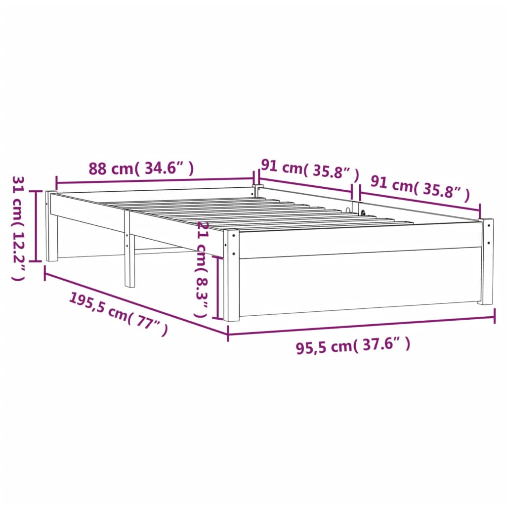 Bed Frame Black Solid Wood 92x187 cm Single Size