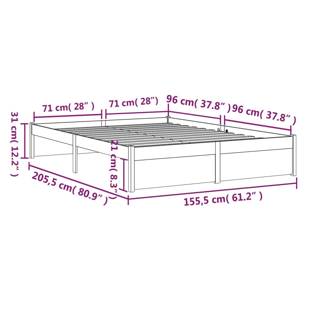 Bed Frame Black Solid Wood 153x203 cm Queen Size