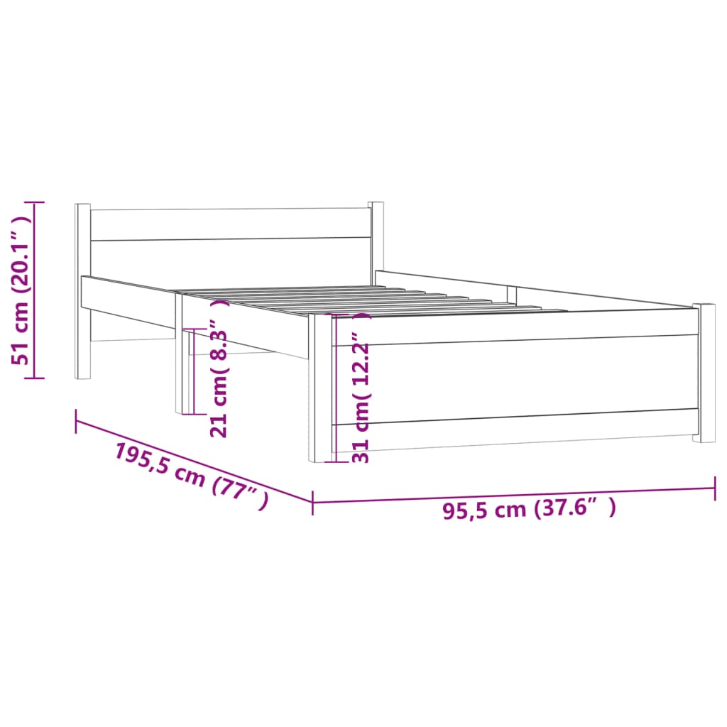 Bed Frame White Solid Wood 92x187 cm Single Size