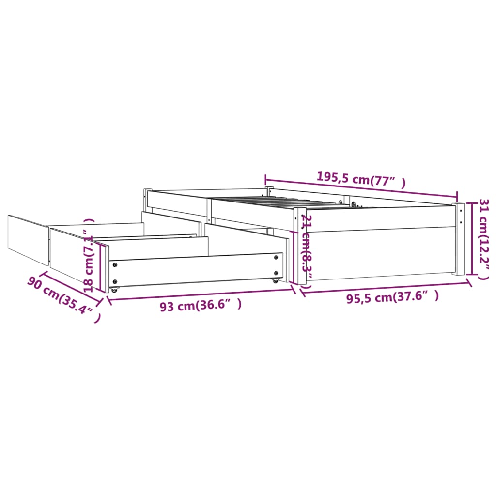 Bed Frame with Drawers 92x187 cm Single Size