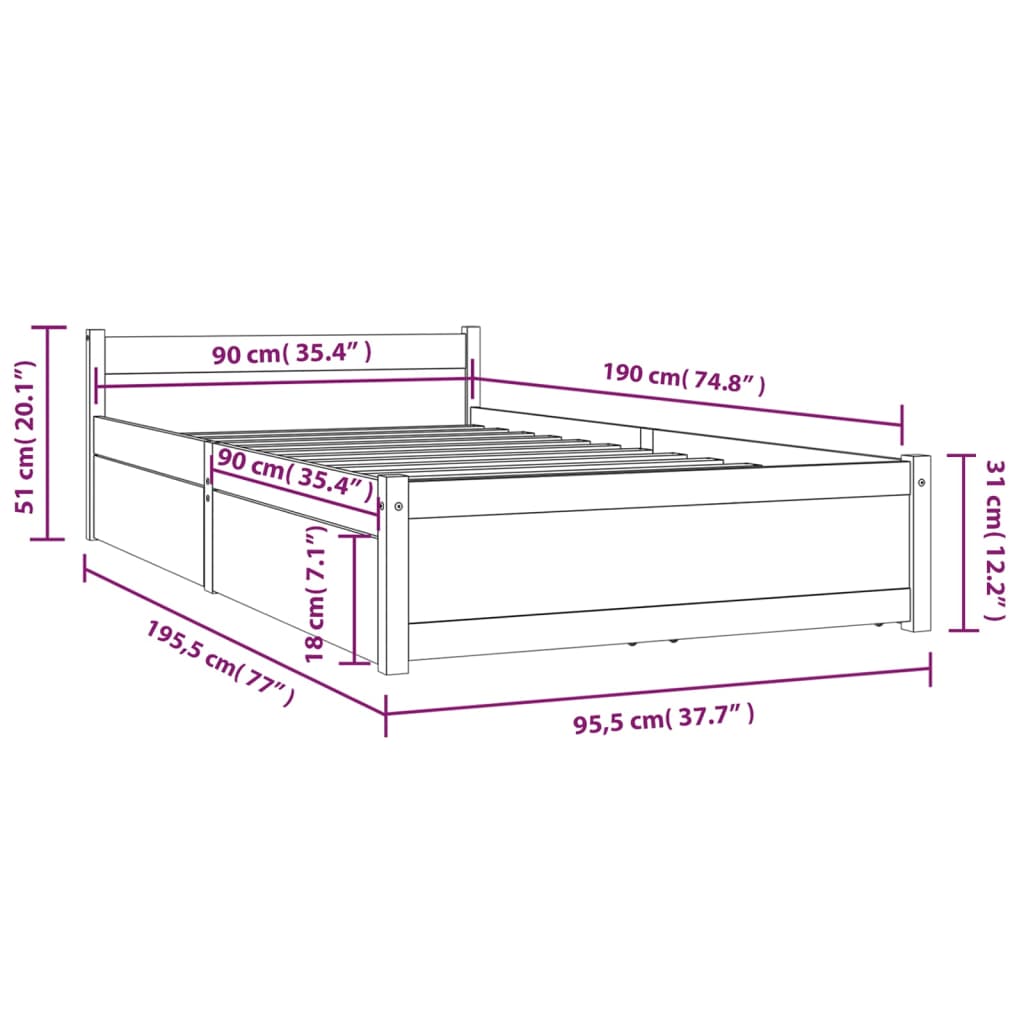 Bed Frame without Mattress with Drawers 90x190 cm