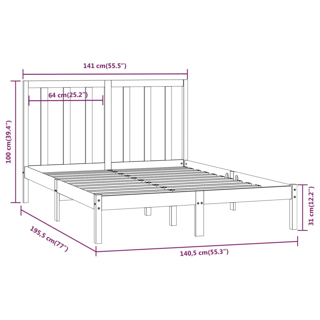 Bed Frame Solid Wood Pine 137X187 Cm Double Size