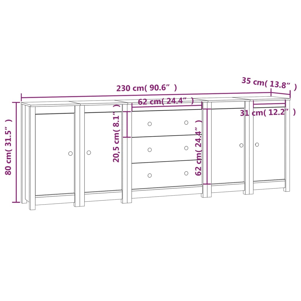 Sideboard White 230x35x80 cm Solid Wood Pine