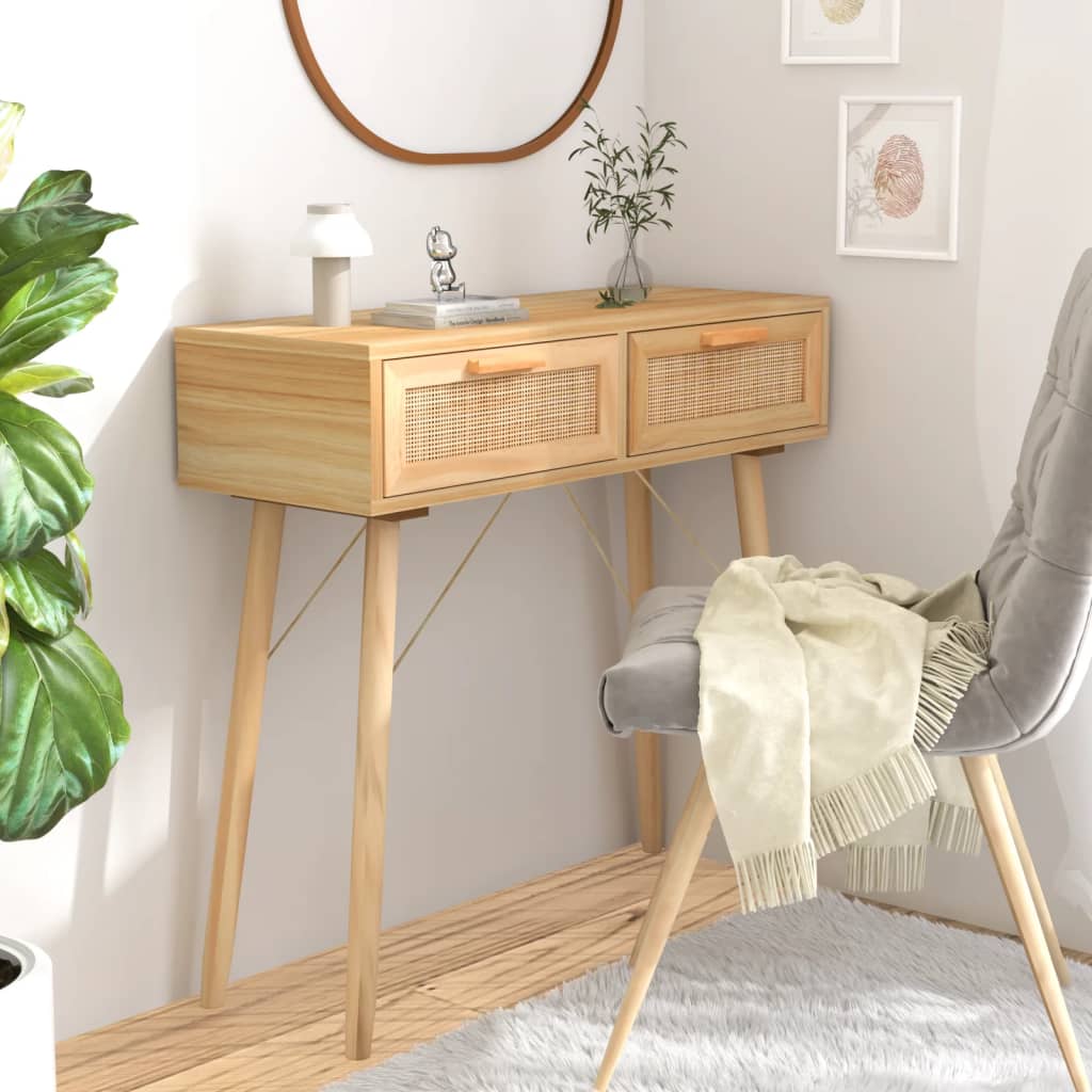 Console Table 80X30X75 Cm Solid Wood Pine&Natural Rattan