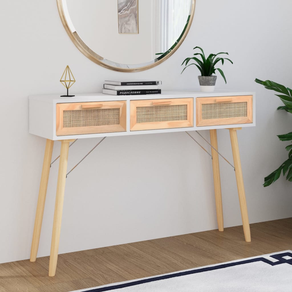 Console Table 05X30X75 Cm Solid Wood Pine&Natural Rattan